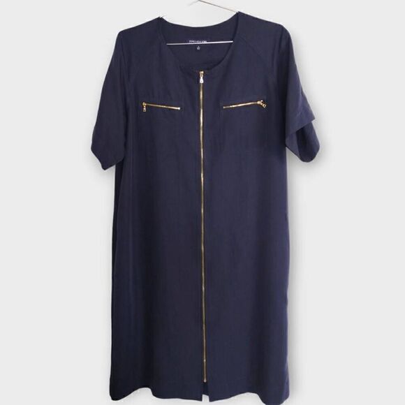 Jones‎ New York Dress Sz 12 Zip Front Navy Short Sleeves Sheath Knee Length Work - Picture 1 of 12